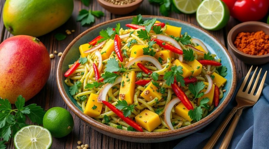 découvrez notre recette fraîche et exotique de salade de mangue verte antillaise, alliant saveurs acidulées et épices pour un plat savoureux et rafraîchissant.