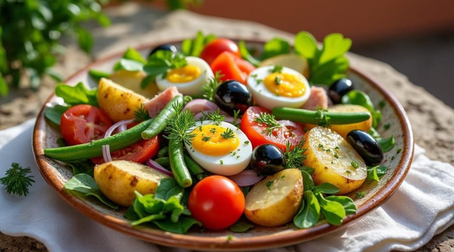 découvrez la recette authentique de la salade niçoise traditionnelle, un plat frais et savoureux mêlant tomates, olives, œufs, anchois et thon, parfait pour un repas léger et typique du sud de la france.
