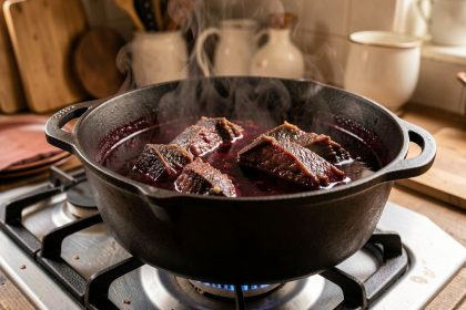 Civet de sanglier mijotant dans une cocotte en fonte, avec une sauce sombre au vin rouge qui frémit sur le feu, ambiance de cuisine européenne traditionnelle.