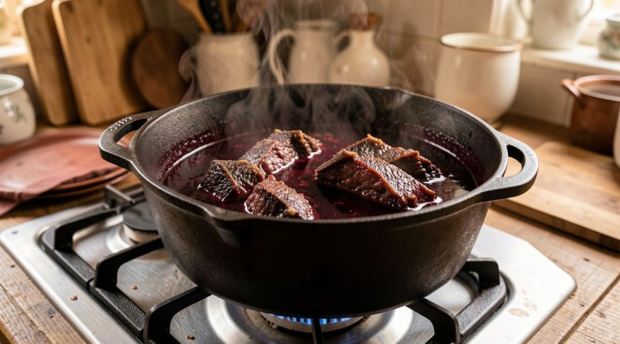 Civet de sanglier mijotant dans une cocotte en fonte, avec une sauce sombre au vin rouge qui frémit sur le feu, ambiance de cuisine européenne traditionnelle.