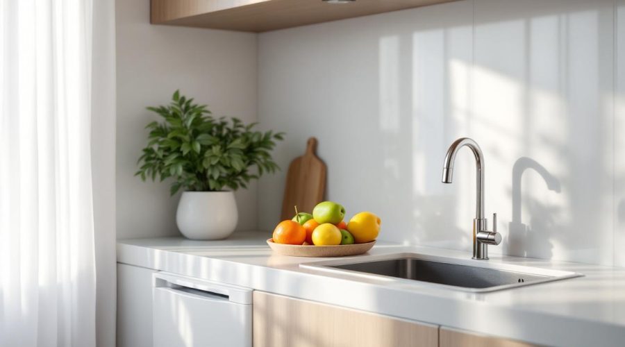 Cuisine contemporaine propre, avec une poubelle fermée sous l’évier et quelques fruits sur le plan de travail, dans une ambiance lumineuse réaliste.