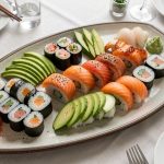 Grande présentation de sushis maison composée de makis, nigiris, avocat, concombre, saumon, gingembre mariné et wasabi, prévue pour huit personnes.
