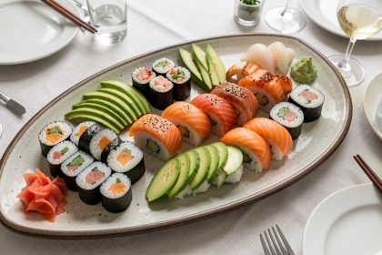 Grande présentation de sushis maison composée de makis, nigiris, avocat, concombre, saumon, gingembre mariné et wasabi, prévue pour huit personnes.