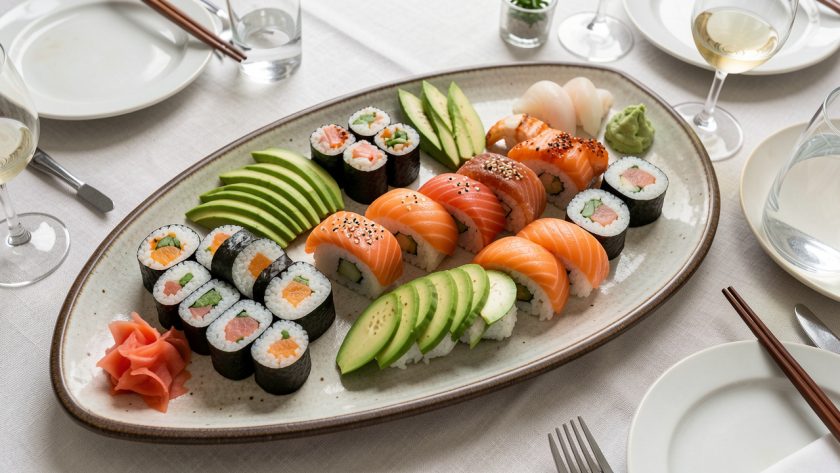 Grande présentation de sushis maison composée de makis, nigiris, avocat, concombre, saumon, gingembre mariné et wasabi, prévue pour huit personnes.