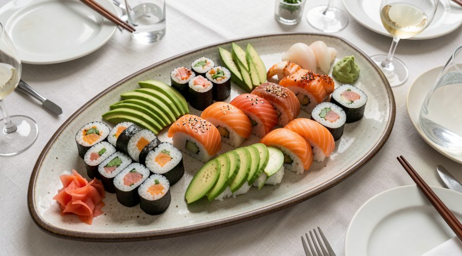 Grande présentation de sushis maison composée de makis, nigiris, avocat, concombre, saumon, gingembre mariné et wasabi, prévue pour huit personnes.