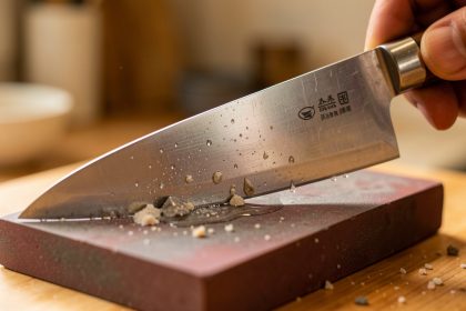 Gros plan réaliste d’un couteau de cuisine japonais affûté avec précaution sur une pierre à aiguiser humide.