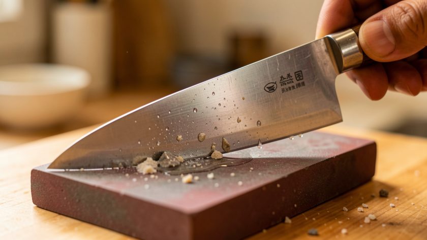 Gros plan réaliste d’un couteau de cuisine japonais affûté avec précaution sur une pierre à aiguiser humide.