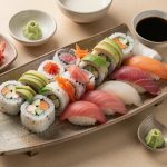 Plateau de sushi composé de makis végétariens colorés et de sushis au poisson, accompagné de gingembre, de wasabi et de sauce soja.