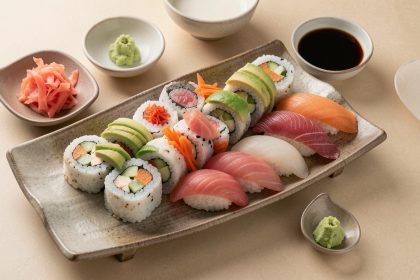 Plateau de sushi composé de makis végétariens colorés et de sushis au poisson, accompagné de gingembre, de wasabi et de sauce soja.