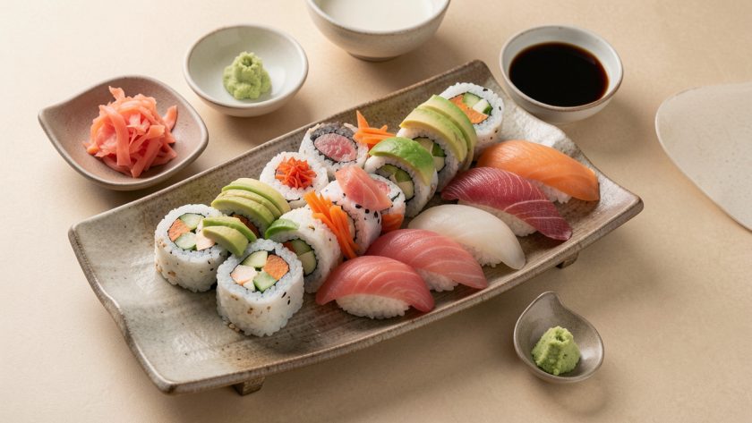 Plateau de sushi composé de makis végétariens colorés et de sushis au poisson, accompagné de gingembre, de wasabi et de sauce soja.