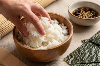 Riz à sushi à la texture équilibrée préparé dans un bol, avec une natte en bambou, une spatule et des feuilles de nori prêtes à rouler.