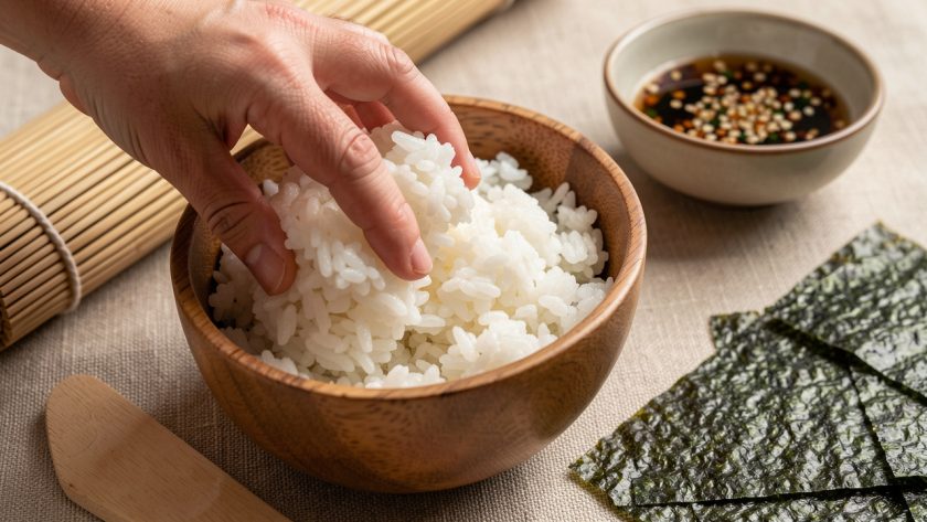 Riz à sushi à la texture équilibrée préparé dans un bol, avec une natte en bambou, une spatule et des feuilles de nori prêtes à rouler.