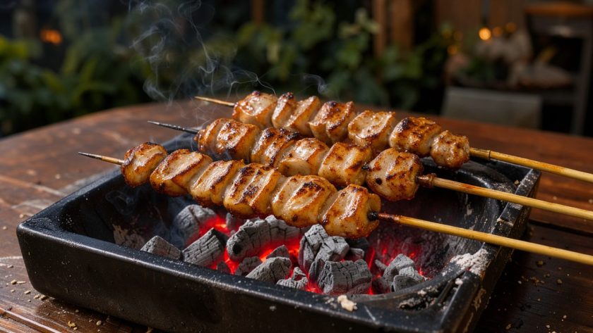 Brasero en acier noir rempli de braises rouges, avec des yakitori de poulet sur doubles brochettes japonaises, éclairés par une lumière chaude du soir.