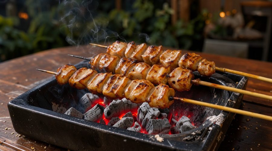 Brasero en acier noir rempli de braises rouges, avec des yakitori de poulet sur doubles brochettes japonaises, éclairés par une lumière chaude du soir.