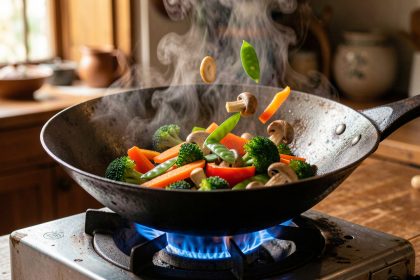 Wok en acier carbone culotté sur un feu vif, rempli de légumes colorés avec une légère vapeur dans une cuisine asiatique chaleureuse.