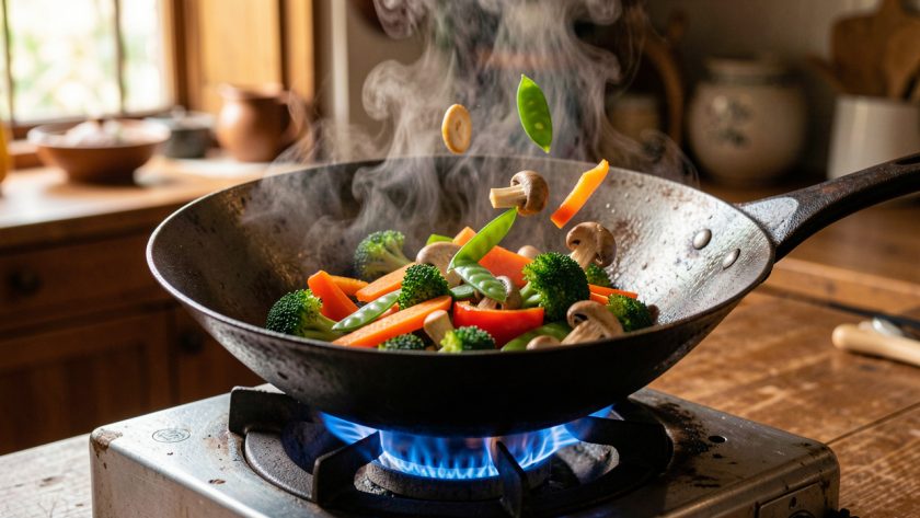Wok en acier carbone culotté sur un feu vif, rempli de légumes colorés avec une légère vapeur dans une cuisine asiatique chaleureuse.