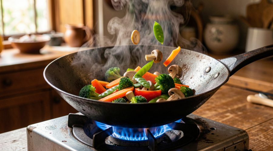 Wok en acier carbone culotté sur un feu vif, rempli de légumes colorés avec une légère vapeur dans une cuisine asiatique chaleureuse.